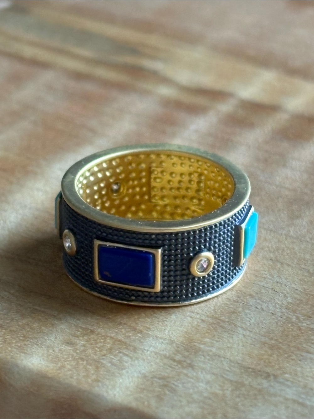 Freida Rothman Gold Black over 925 Sterling Silver Ring Blue Turquoise Accents 7